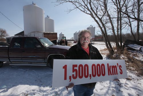 Reynald Gauthier of St. Claude Manitoba has driven his 1997 GMC pickup truck for 1.5 million kms trying to promote his millet crop and hopes to drive it a few thousand more.   See Bill Redekop story.  April 16, 2014 Ruth Bonneville / Winnipeg Free Press