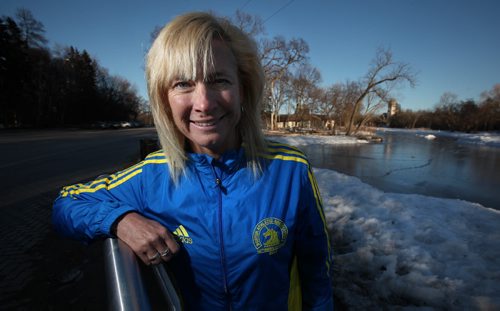 Robyn DeCesare poses at Assinaboine Park Wednesday. See Gary Lawless profile on Boston Marathon runners who are returning to Boston after running the race last year ...the year of the bombing. April 16, 2014 - (Phil Hossack / Winnipeg Free Press)