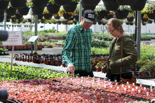 Chelsie Carriere and Jessie Bilewitch look at the wide varieties of flowers to plant in their garden at Lacoste Garden Centre Saturday. April 19, 2014 Ruth Bonneville / Winnipeg Free Press
