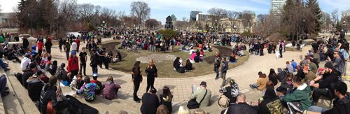 April 20, 2014 - 140420  -  Hundreds of people gathered today, Sunday, April 20, 2014, at the Manitoba Legislature to enjoy some pot and protest Canada's marijuana laws on the grounds without interference from police. John Woods / Winnipeg Free Press