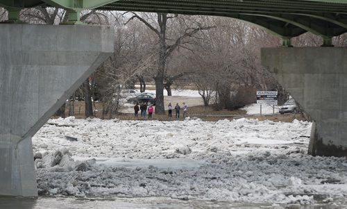 April 20, 2014 - 140420  -  People watch as an ice flow clears the north Perimeter Bridge on the Red River Sunday, April 20, 2014. John Woods / Winnipeg Free Press