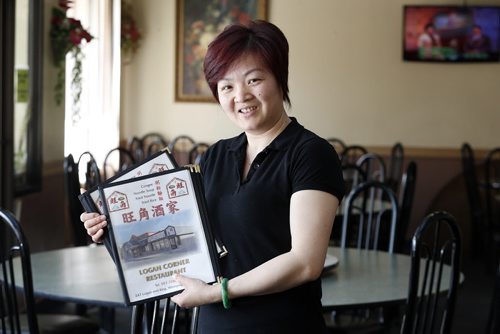 Restaurant Review , Logan Corner Restaurant ,with co owner in photo  Yan Fang  Huang  (with her husband not in photo) , dishes featured , shrimp dish #121  , Hot Pot Egg Plant # 161 . Jelly Fsh with Chicken # 113 APRIL 21 2014 / KEN GIGLIOTTI / WINNIPEG FREE PRESS