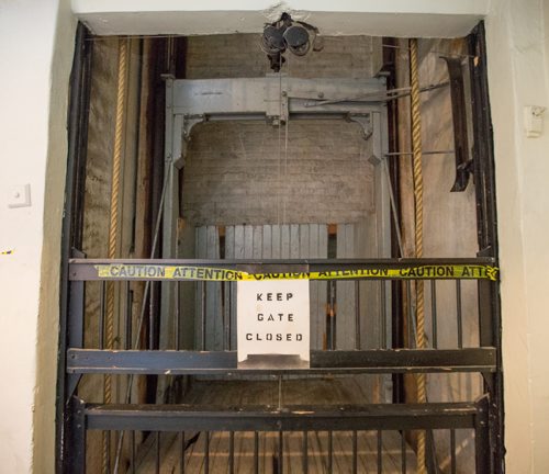 An old, in use, pulley elevator in the Burton Cummings Theatre in Winnipeg on Friday, March 21, 2014. True North Sports and Entertainment is taking over the management of the theatre and has many necessary upgrades planned. (Photo by Crystal Schick/Winnipeg Free Press)