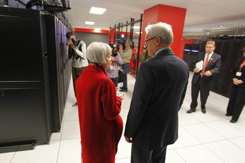 The new Canadian Tire Cloud Computing Centre in Winnipeg, Manitoba. One of the most advanced centres of its kind in North America, the tour will showcase the 28,000 square foot site, which houses a digital content warehouse, application lab, testing lab and high performance data centre. It will serve as the core digital hub for the Canadian Tire Family of Companies. Maureen Sabia, Chairman of the board, Canadian Tire Corporation and Premier Greg Selinger, chat it up during the tour of the computer room. BORIS MINKEVICH / WINNIPEG FREE PRESS April 22, 2014