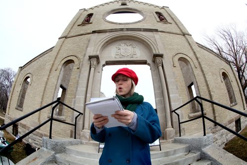 Local actor Nadine Pinette reads a part from one of Shakespeare's plays  in front of a small crowd Wednesday in the Ruins at The Trappist Monastery Provincial Heritage Park to celebrate William ShakespeareÄôs 450th Birthday and promote upcoming Shakespeare in the Ruins productions.  April 23, 2014 Ruth Bonneville / Winnipeg Free Pres   April 23, 2014 Ruth Bonneville / Winnipeg Free Pres