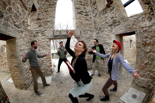 Local actors rehearse a part from a play while posing for a photo to celebrate William Shakespeares 450th Birthday Wednesday afternoon in the Ruins at The Trappist Monastery Provincial Heritage Park to promote upcoming Shakespeare in the Ruins productions. Names from left - Tom Keenan (beard), Rodrigo Beilfuss, Kevin Klassen, Nadine Pinette (Red Hat) and Monika Thurn Und Taxis (front and centre)  April 23, 2014 Ruth Bonneville / Winnipeg Free Pres
