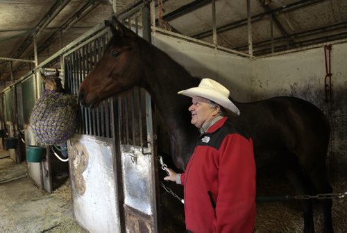 Sports. Emile Corbel with Explosive Fuse in the stables at the Assiniboia Downs Thursday morning. The horse's sire is Giacomo winner of the  Kentucky Derby in 2005.   For Paul Wiecek story.  Wayne Glowacki / Winnipeg Free Press April 24   2014