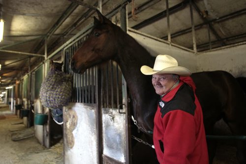 Sports. Emile Corbel with Explosive Fuse in the stables at the Assiniboia Downs Thursday morning. The horse's sire is Giacomo winner of the  Kentucky Derby in 2005.   For Paul Wiecek story.  Wayne Glowacki / Winnipeg Free Press April 24   2014