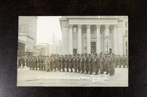 World War One era postcard of 61st Battalion in Military Parade, Winnipeg, from Nov 1915.  L.B. Foote fonds, Archives of Manitoba.  EMILY CUMMING / WINNIPEG FREE PRESS (1 of 2)