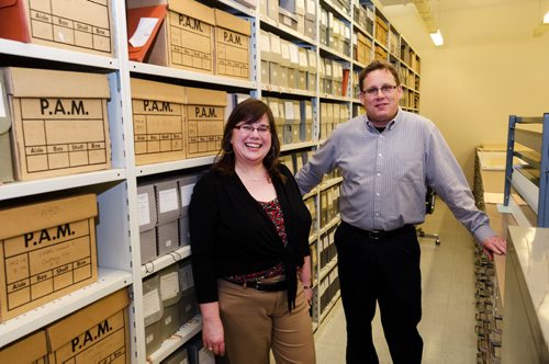 Kathleen Epp and Scott Goodine stand in the vault of the Manitoba Archives.  Epp and Goodine are putting together an exhibition of World War 1 archives from their collection.  They are currently requesting World War 1 archival donations from Manitobans.  EMILY CUMMING / WINNIPEG FREE PRESS