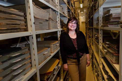 Kathleen Epp stands in the vault of the Manitoba Archives.  Epp is putting together an exhibition of World War 1 archives from the collection.  They are currently requesting World War 1 archival donations from Manitobans.  EMILY CUMMING / WINNIPEG FREE PRESS