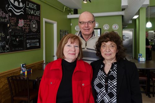 L'Arche Winnipeg, a residential home for adults with special needs, runs a cafe where some of those residents can find jobs.  Diane Truderung, Director of Fund Development (left), Jim Lapp, Executive Director, and Tova Vickar, for whom the L'Arche Tova Cafe was named after, pose for a photo in the cafe.  EMILY CUMMING / WINNIPEG FREE PRESS