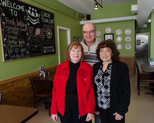 L'Arche Winnipeg, a residential home for adults with special needs, runs a cafe where some of those residents can find jobs.  Diane Truderung, Director of Fund Development (left), Jim Lapp, Executive Director, and Tova Vickar, for whom the L'Arche Tova Cafe was named after, pose for a photo in the cafe.  EMILY CUMMING / WINNIPEG FREE PRESS