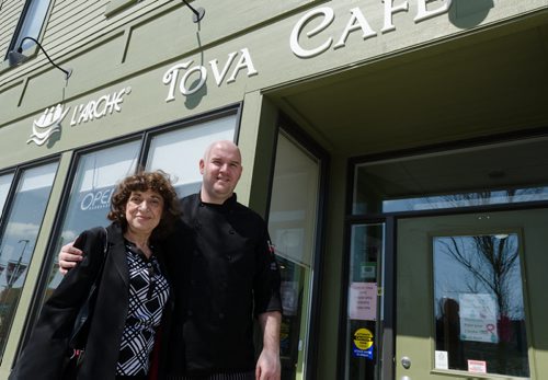 Chef Nick Morier (left) and Tova Vickar, for whom the L'Arche Tova Cafe was named after, stand outside the cafe on Regent Avenue.  L'Arche Winnipeg, a residential home for adults with special needs, runs a cafe where some of those residents can find jobs.  EMILY CUMMING / WINNIPEG FREE PRESS