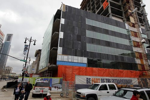 BIZ - Office space under construction in the Centrepoint office/restaurant complex. On Portage Avenue. hotel. shed. mts centre BORIS MINKEVICH / WINNIPEG FREE PRESS April 25, 2014