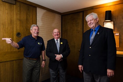 Ken Butchart (left), Grand Secretary Ted Jones and Grand Master Doug Webster stand in a room at the Grand Lodge on Corydon Avenue in Winnipeg.  The Freemasons of Manitoba donated vans to the Canadian Cancer Society for the Freemasons Cancer Car Program.  In the program, Freemasons volunteer their time to drive cancer patients to receive treatment.  EMILY CUMMING / WINNIPEG FREE PRESS