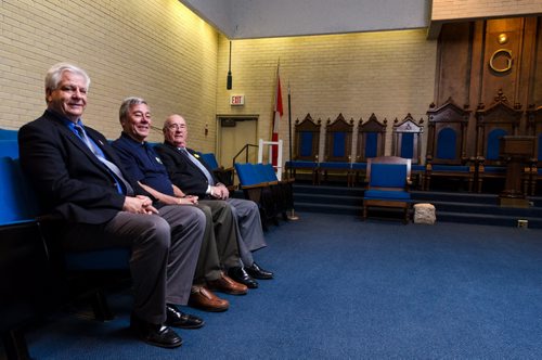 Grand Master Doug Webster (left), Ken Butchart and Grand Secretary Ted Jones sit in the Grand Lodge on Corydon Avenue in Winnipeg.  The Freemasons of Manitoba donated vans to the Canadian Cancer Society for the Freemasons Cancer Car Program.  In the program, Freemasons volunteer their time to drive cancer patients to receive treatment.  EMILY CUMMING / WINNIPEG FREE PRESS
