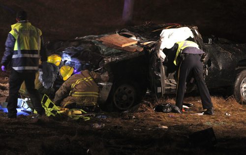 STANDUP - MVC roll over. One person taken to hospital. RCMP on scene. Jaws of life used to extricate victim. RM of Rosser Fire Dept on scene. BORIS MINKEVICH / WINNIPEG FREE PRESS  April 30, 2014