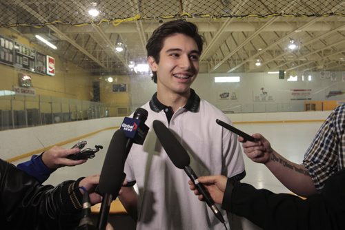 Stelio Mattheos, he is the first overall pick in bantam draft, going to the Brandon Wheat Kings. Stelio is interviewed by media in the rink at his St. John's-Ravenscourt School Thursday. Tim Campbell story. Wayne Glowacki / Winnipeg Free Press May1  2014