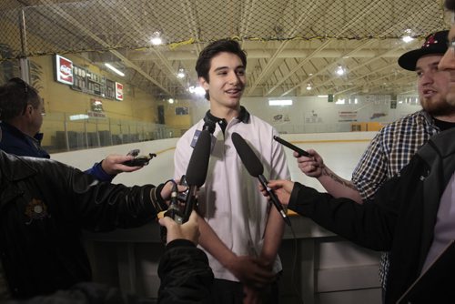 Stelio Mattheos, he is the first overall pick in bantam draft, going to the Brandon Wheat Kings. Stelio is interviewed by media in the rink at his St. John's-Ravenscourt School Thursday. Tim Campbell story. Wayne Glowacki / Winnipeg Free Press May1  2014