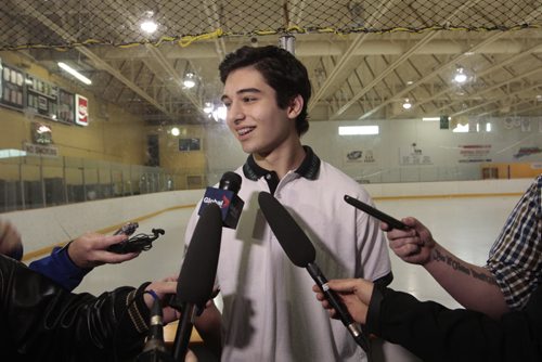 Stelio Mattheos, he is the first overall pick in bantam draft, going to the Brandon Wheat Kings. Stelio is interviewed by media on the rink at his St. John's-Ravenscourt School Thursday. Tim Campbell story. Wayne Glowacki / Winnipeg Free Press May1  2014