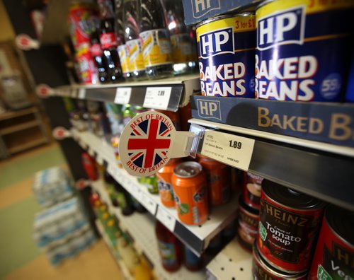 Baked beans sit amidst a selection of English treats stocked in the local Stonewall grocery for member's of the Plymouth Bretheren, though the grocer says other locals have taken a shine to the imports as well.  May 1, 2014 - (Phil Hossack / Winnipeg Free Press)