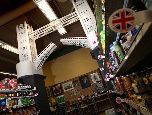 A syrofoam replica of the London Bridge towers over a selection of English treats stocked in the local Stonewall grocery for member's of the Plymouth Bretheren, though the grocer says other locals have taken a shine to the imports as well.  May 1, 2014 - (Phil Hossack / Winnipeg Free Press)