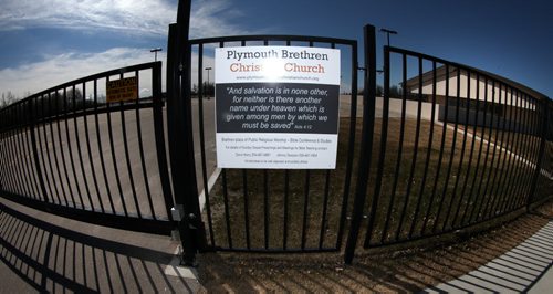 A seven foot high steel fence surrounds theChristian Fundamentalist's Plymouth Bretheren "Meeting Hall" in Stonewall. May 1, 2014 - (Phil Hossack / Winnipeg Free Press)