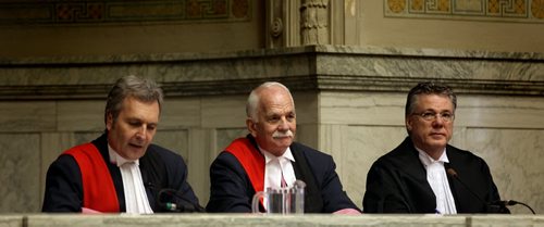 Flanked between Chief Justice of the Court of Queens Bench Hon. Glenn Joyal (left) and Hon. Richard Chartier, Chief Justice of the Mb Court of Appeal Honorable Justice Victor E. Toews grins under his moustash waitingto be "Officially" sworn in as a Justice of the Court of Queens Bench at a public ceremony Friday afternoon. See story. (May2, 2014 - (Phil Hossack / Winnipeg Free Press)
Vic Toews