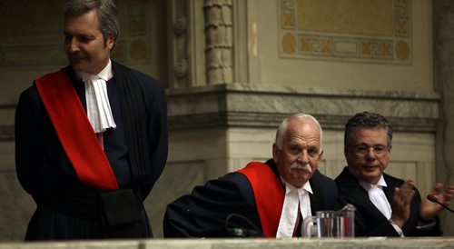 Flanked between Chief Justice of the Court of Queens Bench Hon. Glenn Joyal (left) and Hon. Richard Chartier, Chief Justice of the Mb Court of Appeal Honorable Justice Victor E. Toews grins under his moustash waitingto be "Officially" sworn in as a Justice of the Court of Queens Bench at a public ceremony Friday afternoon. See story. (May2, 2014 - (Phil Hossack / Winnipeg Free Press)