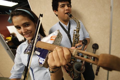May 3, 2014 - 140503  - Teenage musicians Tania Vera and  Tobias Armoa from Cateura, Paraguay were in Winnipeg to play their instruments made from trash found on a landfill in a concert at North Kildonan Mennonite Brethren Church Sunday, May 4, 2014.  John Woods / Winnipeg Free Press