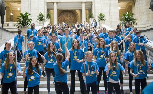 140505 Winnipeg - DAVID LIPNOWSKI / WINNIPEG FREE PRESS (May 05, 2014)  Emerson Elementary School students perform as part of Celebrate Music in Manitoba Schools Month with concerts at the Legislative Building. Students from Manitoba in choirs, bands and other school musical groups performed.