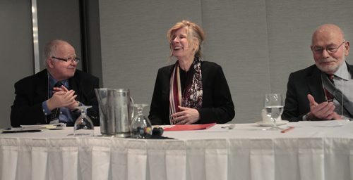 From right, Yude Henteleff, Dianna Janzen (Evangeline) and Aaron Berg at a panel discussion Wednesday on the 25th anniversary of historic Supreme Court decision concerning sexually harassed waitresses from Winnipeg. Dianna reacts to applause after she gave  her presentation. The event was put on by the Canadian Association for the Prevention of Discrimination and Harassment in Higher Education (CAPDHHE). Carol Sanders story. Wayne Glowacki / Winnipeg Free Press May 7 2014