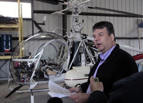 Ken Nawolsky, Superintendent of Insect Control at the media briefing for an overview of Insect Control Branch activities for the 2014 season with helicopters at the Insect Control Branch Heliport. It twas too windy for the fly Thursday. Aldo Santin story Wayne Glowacki / Winnipeg Free Press May 8 2014