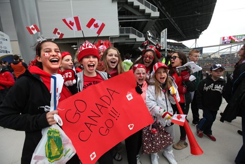 Young Manitoba provincial team soccer players start cheering for their favourite team on the steps of the stadium Thursday before the   Canada v USA Womens International Soccer Match at Investors Group Field.    May 08, 2014 Ruth Bonneville / Winnipeg Free Pres