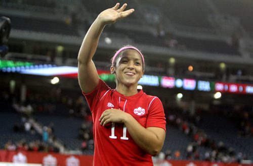 Canada's #11 Desiree Scott is all smiles as she leaves the field after  game against the US in the Womens International Soccer Match at Investors Group Field Thursday evening. Final score was tied one all.  May 08, 2014 Ruth Bonneville / Winnipeg Free Pres