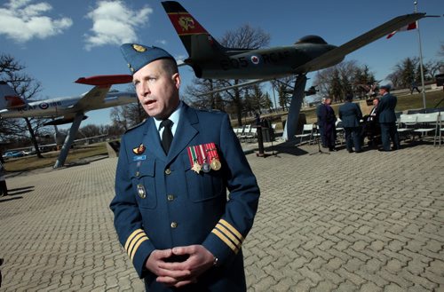 Lt Col. Mark Larsen speaks to Alex Paul after the first National Day of Honor at a ceremony at The Air Force Heritage Park. See Alex Paul's story. May 9, 2014 - (Phl Hossack / Winnipeg Free Press)