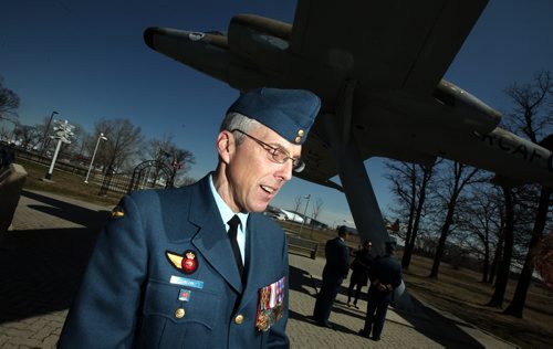 Master Warrant Officer David Jurczak speaks to Alex Paul after the first National Day of Honor at a ceremony at The Air Force Heritage Park. See Alex Paul's story. May 9, 2014 - (Phl Hossack / Winnipeg Free Press)