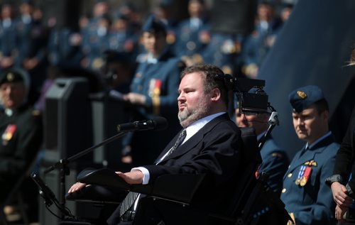 MP Stephen FLetcher speaks to the assembled crowd at the first National Day of Honor at a ceremony at The Air Force Heritage Park. See Alex Paul's story. May 9, 2014 - (Phl Hossack / Winnipeg Free Press)