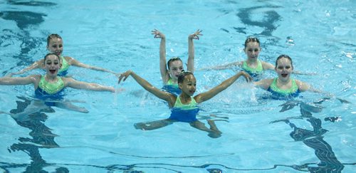 Team Winnipeg Synchro, 11-12 year-olds, compete in the Canadian Prairie Invitational synchronized swim competition at PanAm pool Sunday morning. 140511 - Sunday, May 11, 2014 -  (MIKE DEAL / WINNIPEG FREE PRESS)