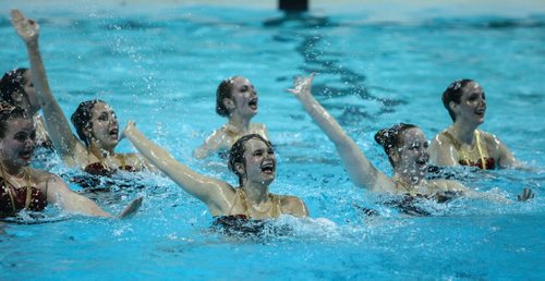 The Aquatica Synchro masters team from Winnipeg, MB, competes in the Canadian Prairie Invitational synchronized swim competition at PanAm pool Sunday morning. 140511 - Sunday, May 11, 2014 -  (MIKE DEAL / WINNIPEG FREE PRESS)