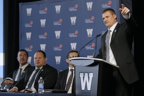 May 12, 2014 - 140512  - Mike O'Shea Winnipeg Blue Bomber head coach speaks at Fan Fare at Investors Group Field  Monday, May 12, 2014.  John Woods / Winnipeg Free Press