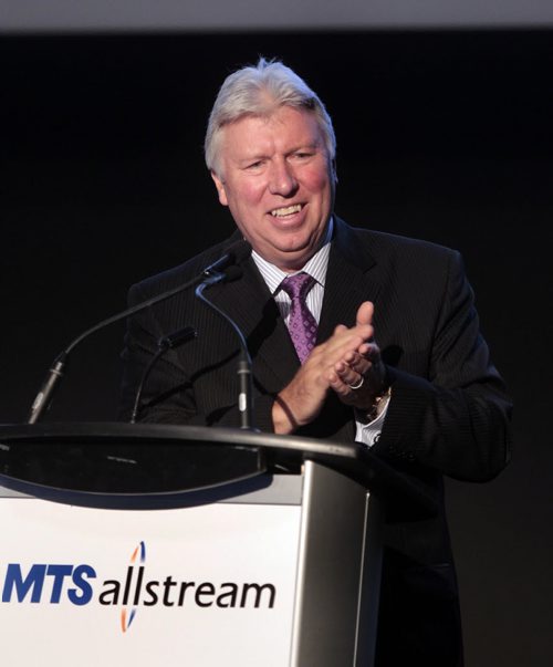 Pierre Blouin, CEO, at the podium for the MTS annual meeting held in the Metropolitan Entertainment Centre Tuesday. see Martin Cash  story  Wayne Glowacki / Winnipeg Free Press May 13 2014