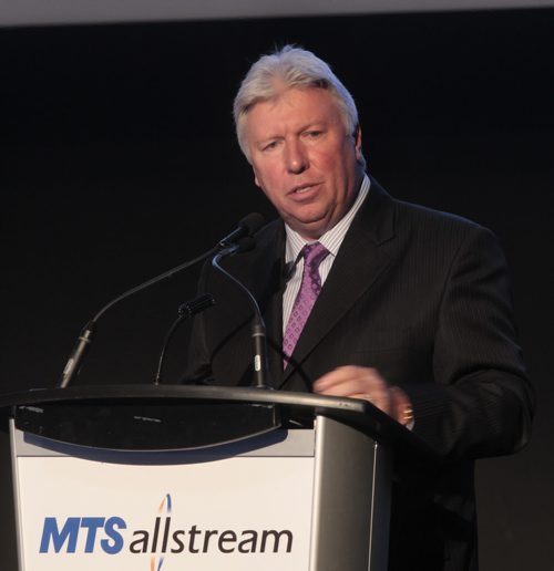 Pierre Blouin, CEO, at the podium for the MTS annual meeting held in the Metropolitan Entertainment Centre Tuesday. see Martin Cash  story  Wayne Glowacki / Winnipeg Free Press May 13 2014
