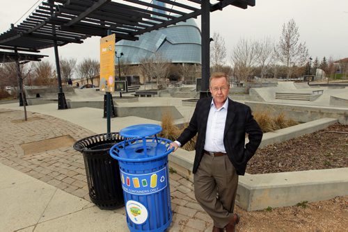 Ken Friesen of CBCRA (Canadian Beverage Container Recycling Association) poses for a photo at the recycling bins at the skateboard park at the Forks. BORIS MINKEVICH / WINNIPEG FREE PRESS  May 13, 2014