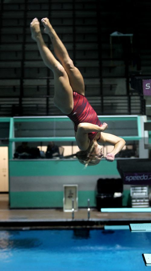 Aimee Harrison, one of the Manitobans competing at the upcoming national senior diving championships this weekend works her spin off the 3 meter board Tuesday. See Melissa Martin's story. May 13, 2014 - (Phil Hossack / Winnipeg Free Press)