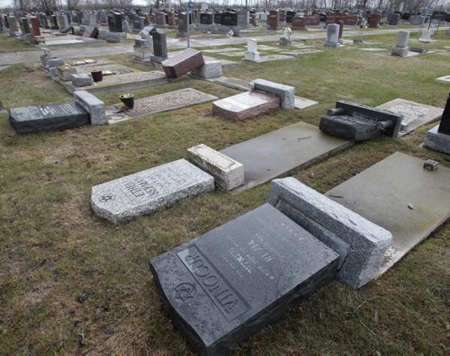 Damage in the Hebrew Sick Benefit Cemetery in West Kildonan Wednesday after weekend vandalism. Wayne Glowacki/Winnipeg Free Press May 14 2014