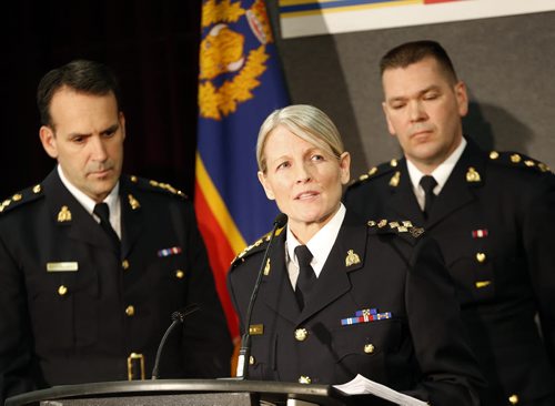 LtoR Assistant Commissioner Kevin Brosseau , speaking  Deputy Commissioner Janice Armstrong , and Superintendent  Tyler Bates   RCMP releases National Operational Review on Missing and Murdered Aboriginal Women , identifying 1,181 aboriginal  women across Canada since 1980 . May16 2014 / KEN GIGLIOTTI / WINNIPEG FREE PRESS