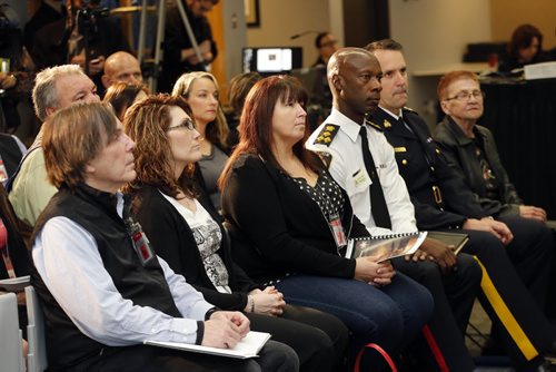 LtoR  Wpg Police Chief Devon Clunis  and RCMP Assistant Commissioner Kevin Brosseau , sat with aboriginal  leaders  and elders at the release of the report.  RCMP releases National Operational Review on Missing and Murdered Aboriginal Women , identifying 1,181 aboriginal  women across Canada since 1980 . May16 2014 / KEN GIGLIOTTI / WINNIPEG FREE PRESS