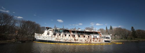The MS Lord Selkirk sits listing and leaking into the Selkirk Slough. See Alex Paul story re salvage/demolition of the hazardous hulk. May 16, 2014 - (Phil Hossack / Winnipeg Free Press)
